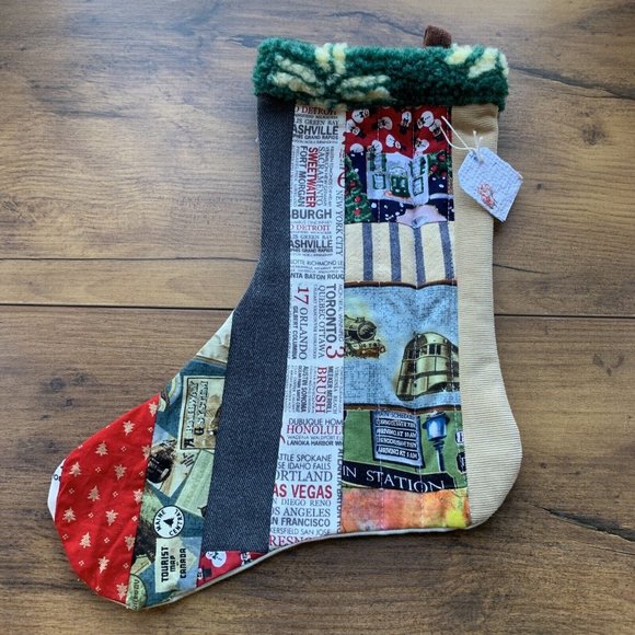 Unbranded Other - Christmas Stocking Quilted Patchwork Fabric Train Travel NEW 15” Handmade